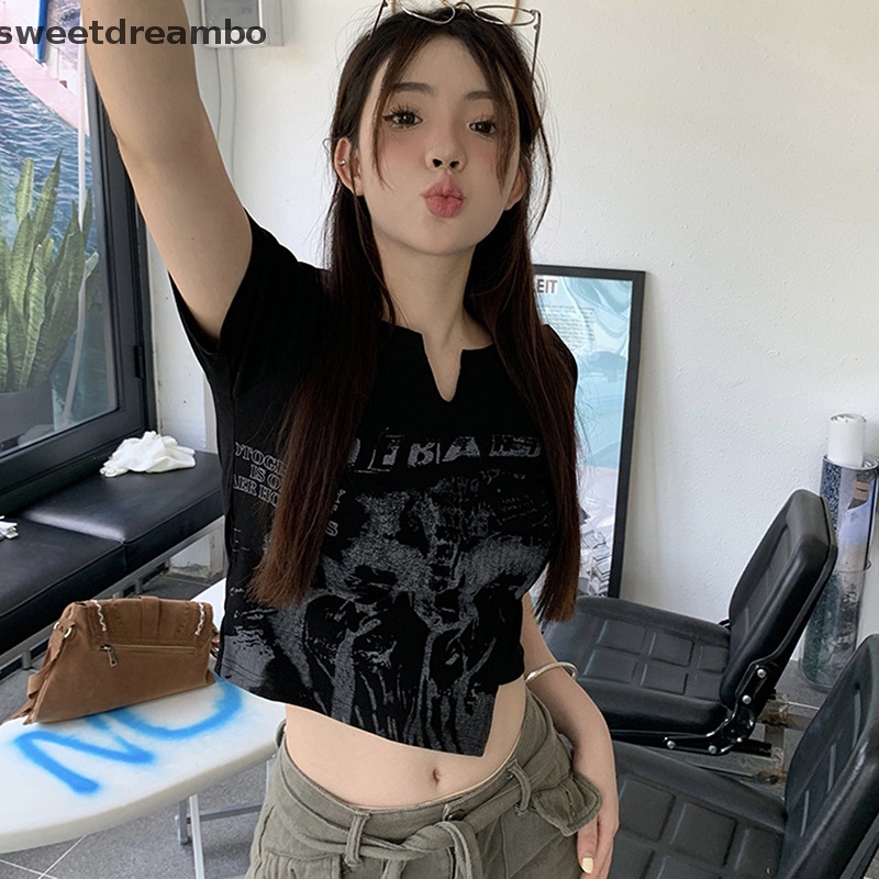 Áo thun ngắn tay in cổ điển kiểu Mỹ Áo Crop Top dáng ôm thường ngày cổ chữ V mùa hè cho nữ