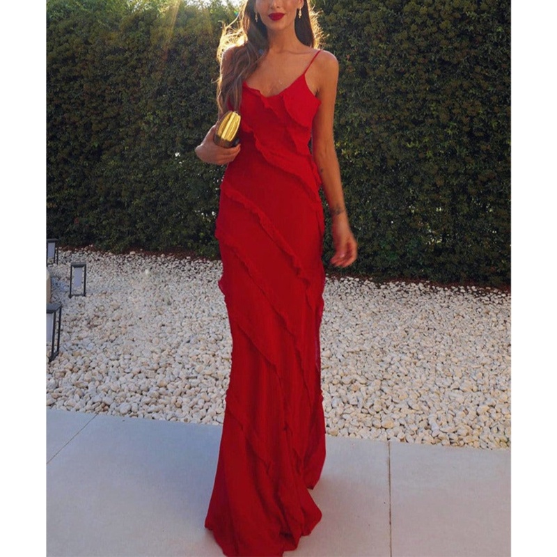 Xiangbao Đầm Hai Dây Tua Rua Hở Lưng Màu Trơn Quyến Rũ