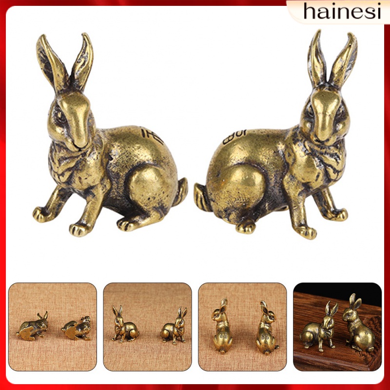Set 2 Tượng Thỏ Mini Bằng Đồng Thau Phong Cách Trung Hoa Cổ Điển Trang Trí Nhà Cửa / Văn Phòng