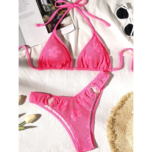 Bộ Đồ Bơi bikini Có Vòng Kim Loại Họa Tiết Hoa Mận Sáng Da Cho Nữ