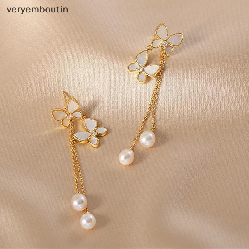 1 Đôi Bông Tai Dáng Dài Hình Bướm Đính Ngọc Trai Lãng Mạn Thời Trang Cho Nữ