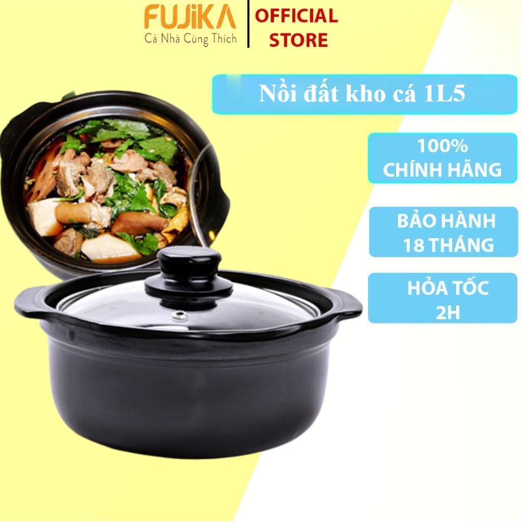 Nồi Đất Sét Tràng Thạch Nắp Kiếng Lòng Sâu 1.5 Lít – nồi nấu cháo kho cá tiện dụng -FUJIKA