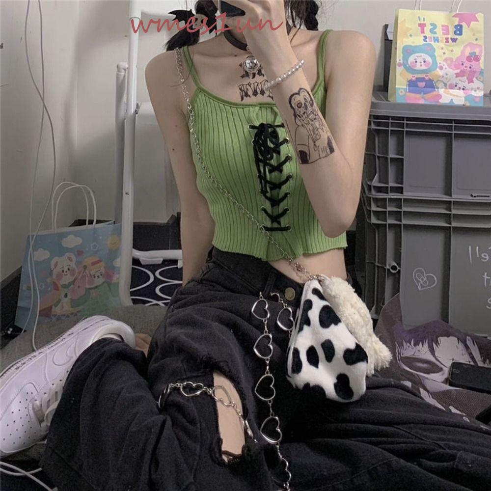 Wmes15h Y2K Áo Tank Top Dệt Kim Không Tay Dáng Rộng Đính Nơ Phong Cách Hàn Quốc Dễ Thương