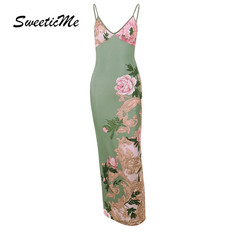 Đầm Dài Cổ Chữ V Dáng Ôm In Họa Tiết Thời Trang 2023 Quyến Rũ Cho Nữ