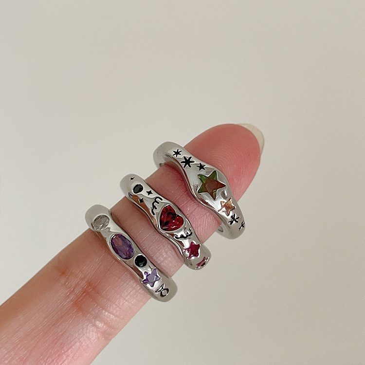 Nhẫn Hở Hình Ngôi Sao / Trái Tim Đính Đá Zircon Nhiều Màu Phong Cách Retro Hàn Quốc