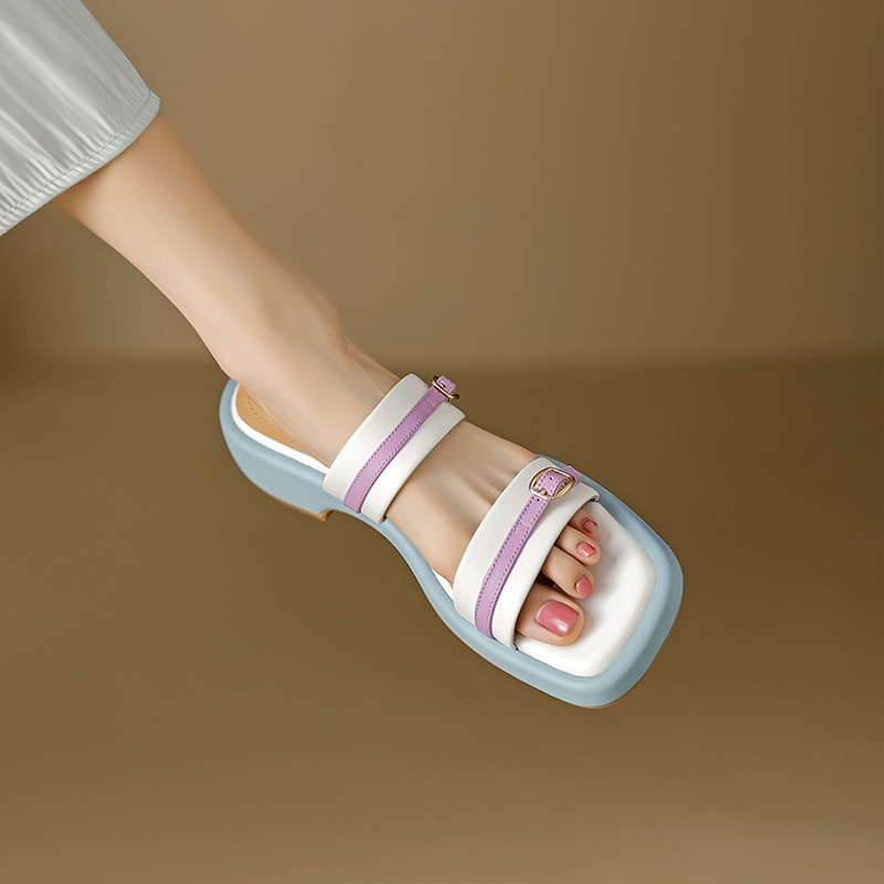 Tóc Thẳng Duoya ~ [Hàng Có Sẵn] Dép Da Mềm Đế Dày Vừa Vặn Màu Sắc Hình Vuông Thời Trang Xuân Hè