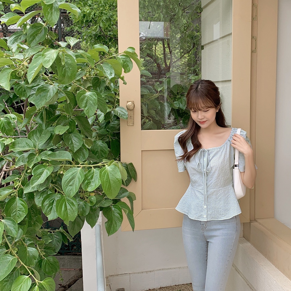 SUXI Áo Croptop Tay Ngắn Cổ Vuông Rút Dây Họa Tiết Sọc Caro Phong Cách Hàn Quốc