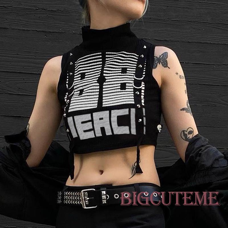 Áo Croptop Sát Nách In Chữ Phối Dây Ruy Băng Phong Cách Hip Hop Thời Trang Mùa Hè Cho Nữ