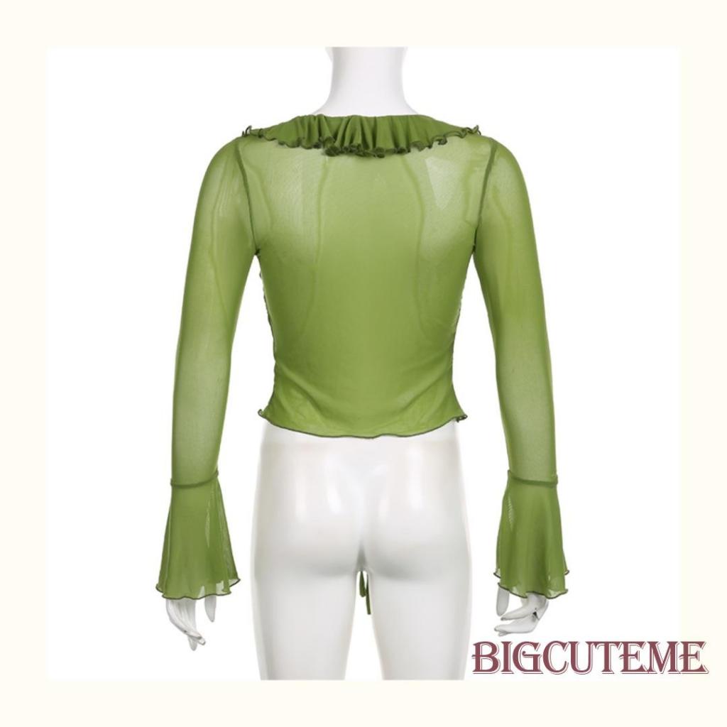 Áo Croptop Tay Dài Phối Lưới Xuyên Thấu Cột Nơ Trước Phong Cách Đường Phố Thời Trang Mùa Hè Cho Nữ