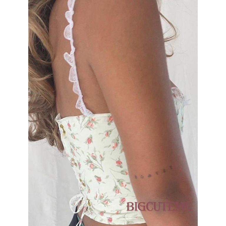 []] Áo Ba Lỗ In Hoa Viền Ren Có Dây Buộc Sau Lưng Cho Nữ