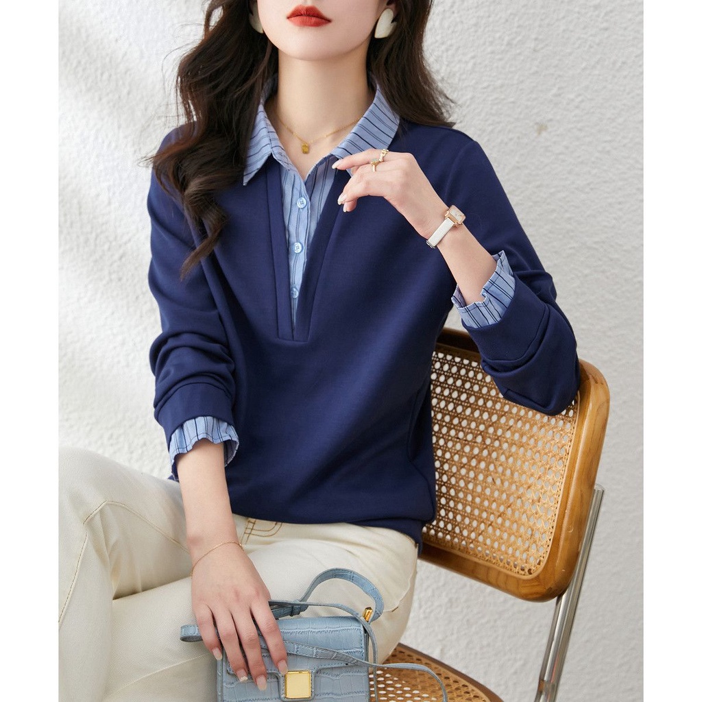 Áo Sweater Kẻ Sọc Giả Hai Lớp Phối Màu Tương Phản Cá Tính Cho Nữ