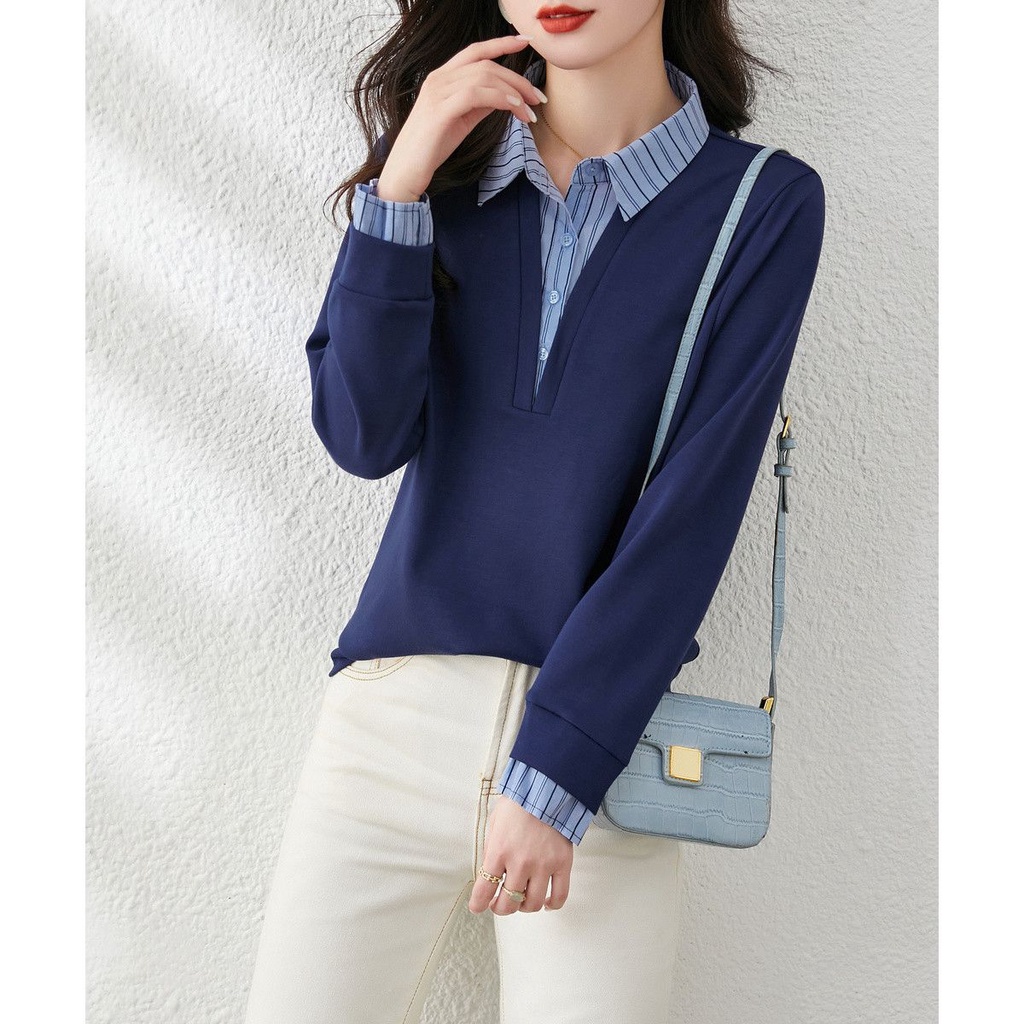 Áo Sweater Kẻ Sọc Giả Hai Lớp Phối Màu Tương Phản Cá Tính Cho Nữ