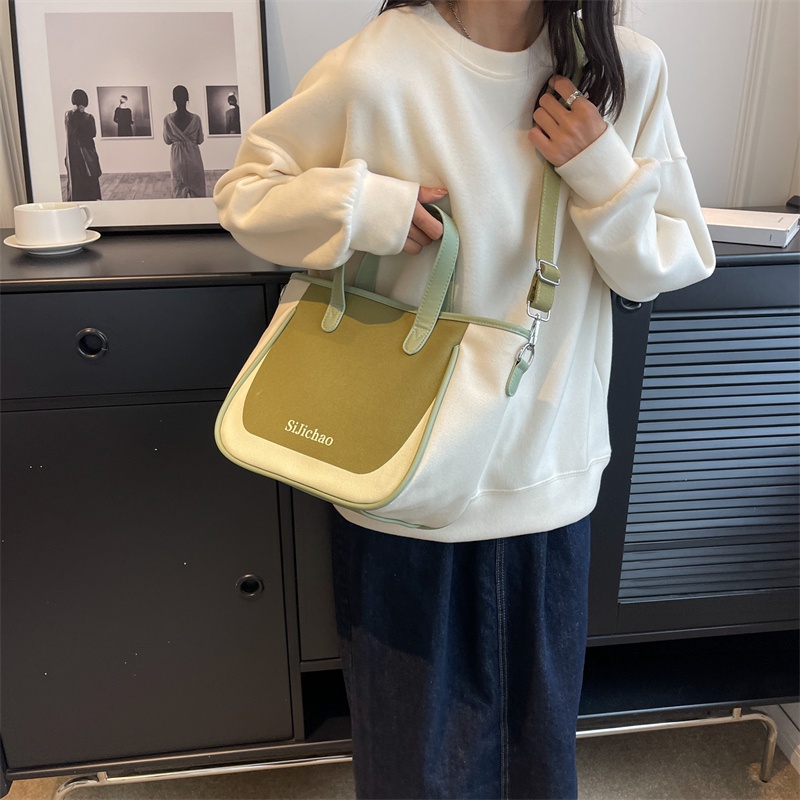 Túi tote Hình Vuông Bằng Vải Bạt Màu Tương Phản Thời Trang Hàn Quốc Cho Nữ