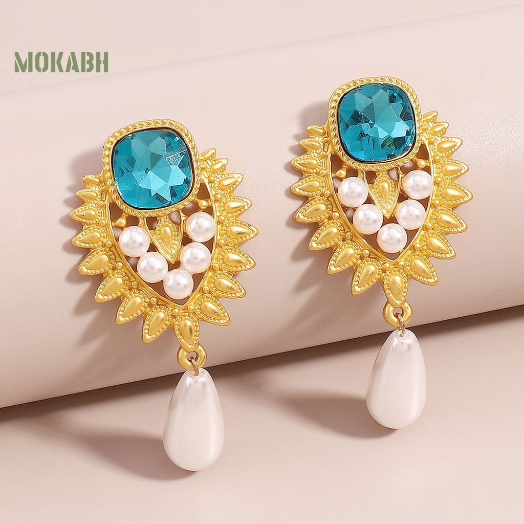 1 Đôi Bông Tai Đính Đá Ngọc Trai Nhân Tạo Màu Xanh Dương Phong Cách Thời Trung Cổ Thời Trang