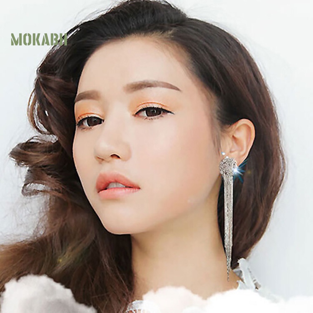 Khuyên Tai Dáng Dài Đính Đá Phối Tua Rua Độc Đáo Thời Trang Cho Nữ