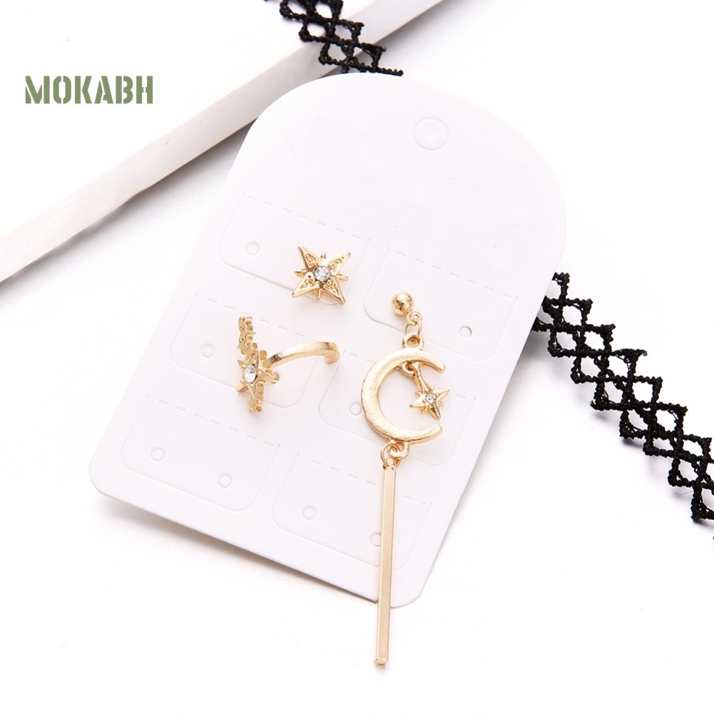 Bộ 3 Bông Tai Hình Ngôi Sao / Mặt Trăng Đính Đá Thời Trang Cho Nữ