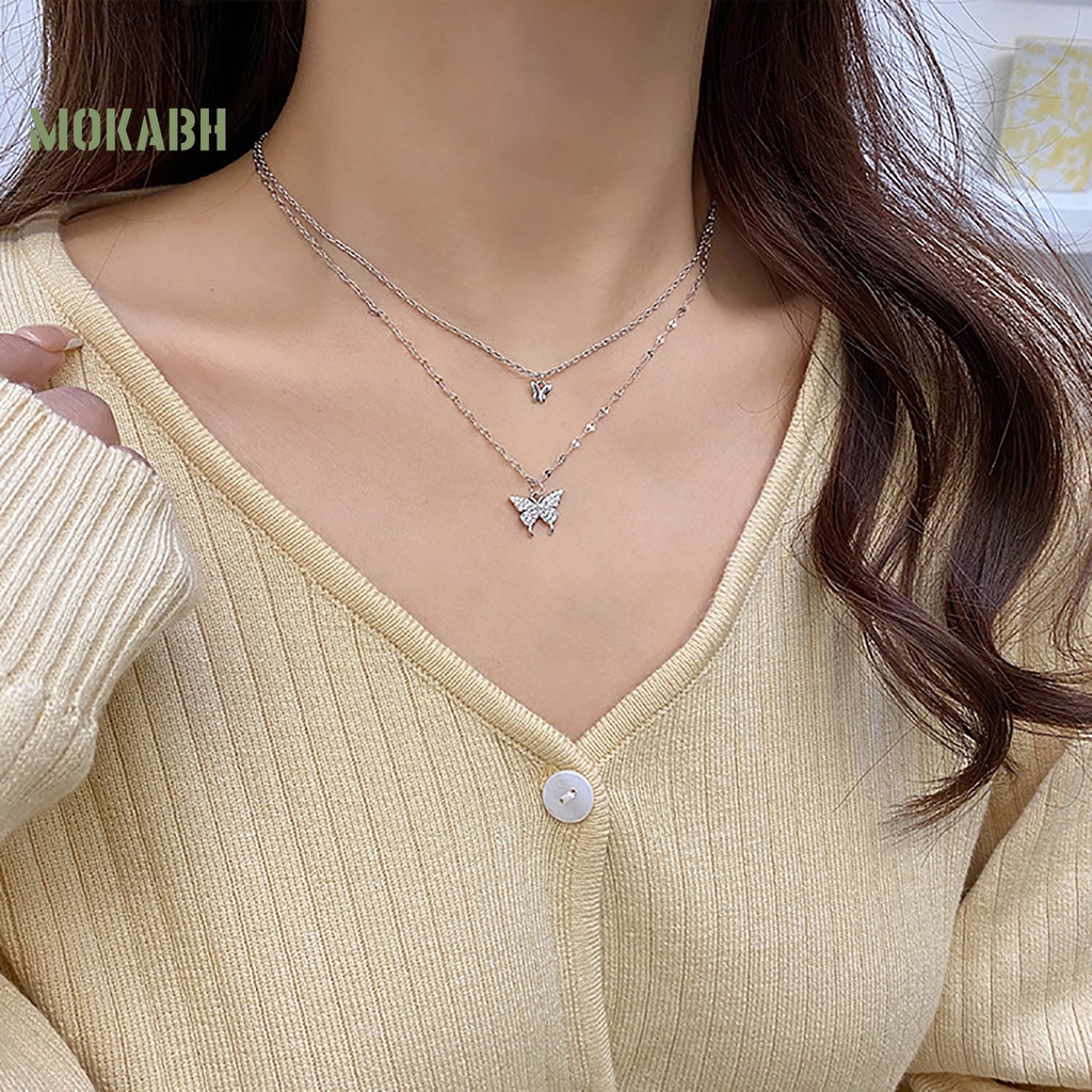 Vòng cổ Hai Lớp Bằng Hợp Kim Mặt Hình Bướm Chống Rỉ Sét Thời Trang Cho Nữ
