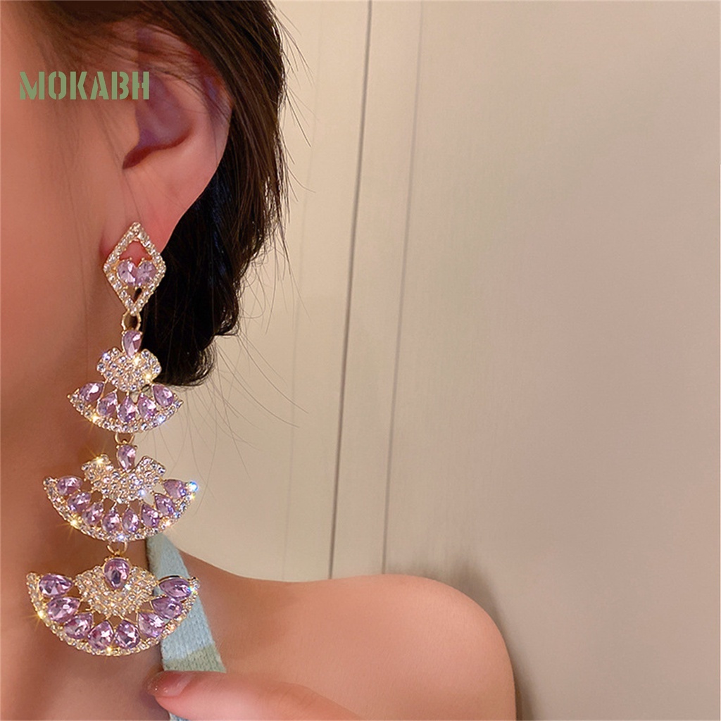 1 Đôi Bông Tai Dài Hình Quạt Đính Đá Lấp Lánh Dành Cho Nữ