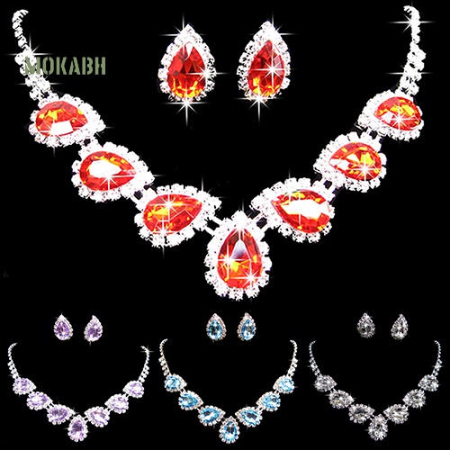 Bộ Vòng cổ + Bông Tai Hình Giọt Nước Đính Đá Pha Lê Sang Trọng