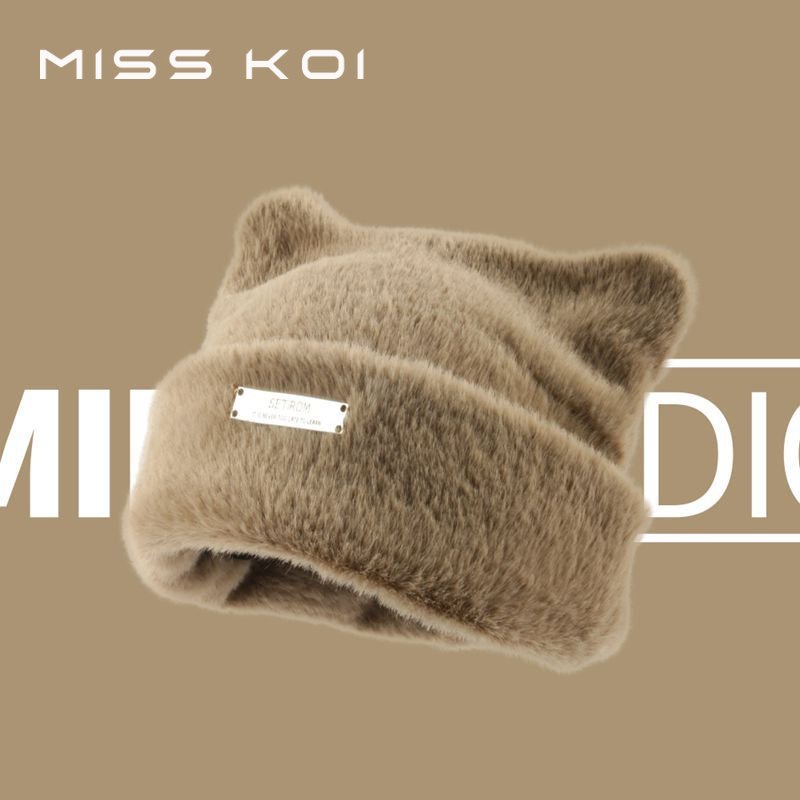 Mũ Len Dệt Kim Dày Dặn Đính Tai Mèo Dễ Thương Phong Cách Hàn Quốc