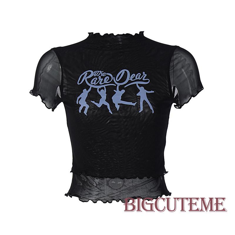 [] Áo Thun Lưới Tay Ngắn In Chữ Lettuce Trim Cơ Bản Mùa Hè Màu Đen Cho Nữ