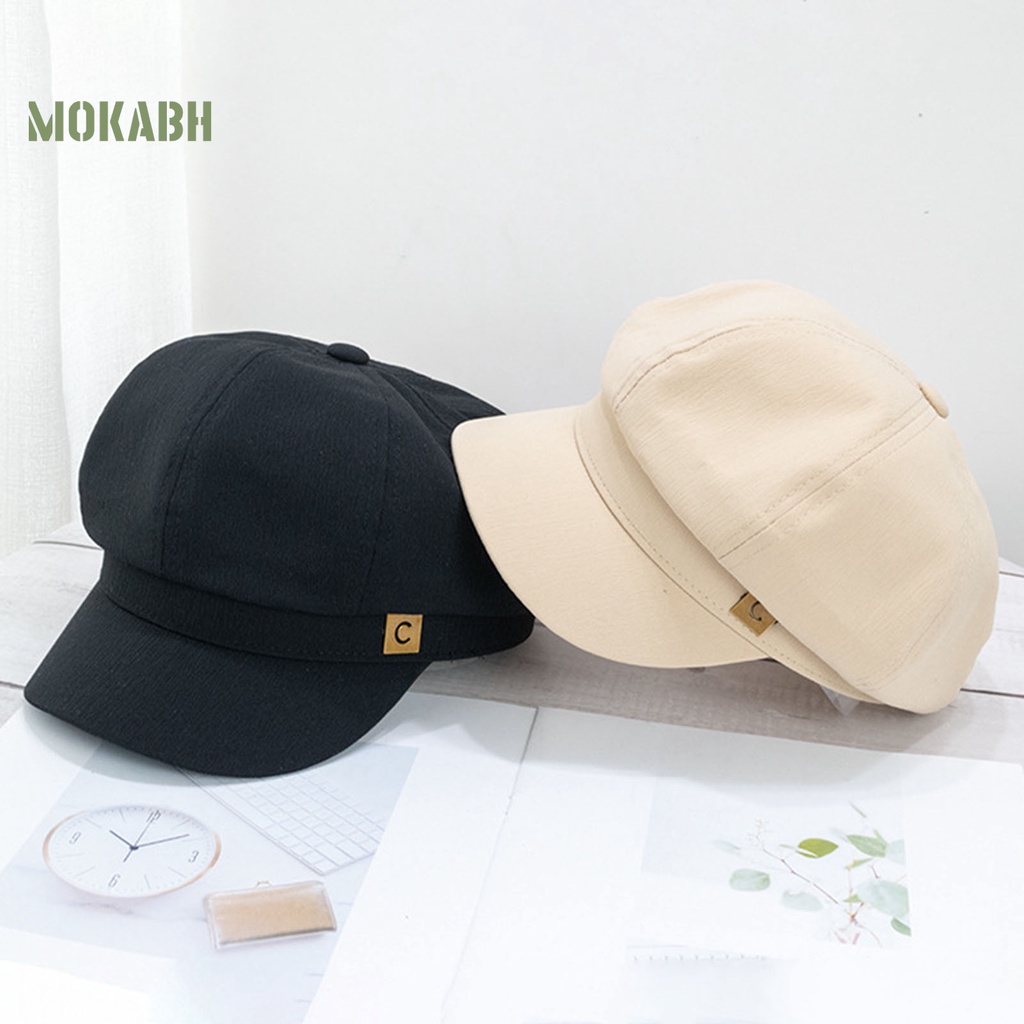 Abh [Mok] Mũ Beret Màu Trơn Họa Tiết In Logo Vòm Tròn Vành Ngắn Thời Trang Cho Nữ