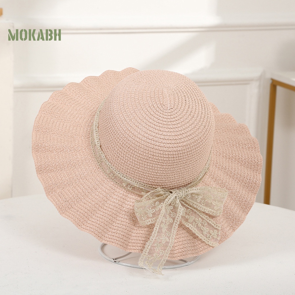 [Mok Abh] Mũ Rơm Rộng Vành Chống Nắng Thắt Nơ Thủ Công Kiểu Cổ Điển Bảo Vệ Xếp Ly Đi Biển Du Lịch Cho Nữ