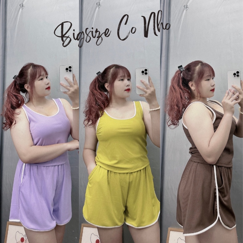 Set Bigsize CÔ NHỎ áo ba lỗ viền kèm quần đùi thun chất gân tăm co giãn, Quần short áo thun - SET33