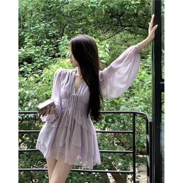 Đầm Midi Midi Màu Tím Khói Phong Cách Hoàng Gia Mùa Hè PEIX Cho Nữ