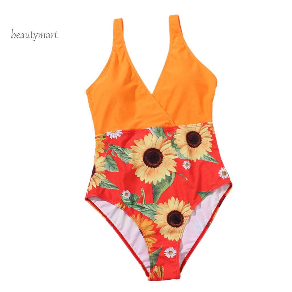 [beautymart] Bộ Đồ Bơi Một Mảnh Cổ Chữ V Khoét Sâu In Họa Tiết Hoa Hướng Dương Quyến Rũ Dành Cho Nữ