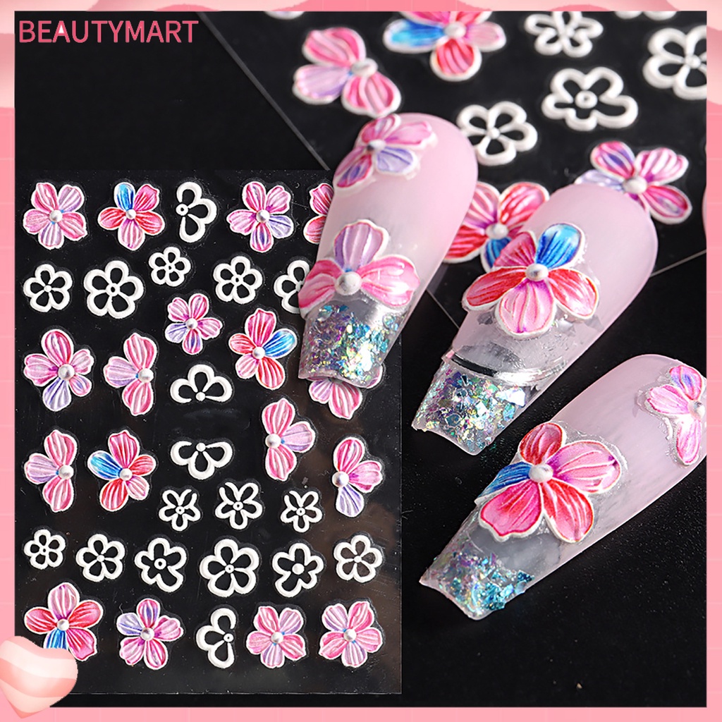 Miếng Dán Trang Trí Móng Tay Nghệ Thuật Tự Dính Họa Tiết Hoa Trái Tim Đôi 5D Màu Sắc Dành Cho Salon