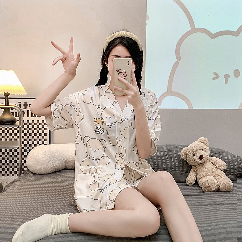 Bộ Đồ Ngủ Áo Tay Ngắn Phồng Cổ Chữ V Phối Quần Short Vải Cotton Thời Trang Mùa Hè Mới Cho Bạn Gái