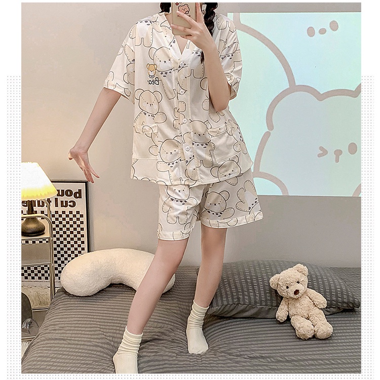 Bộ Đồ Ngủ Áo Tay Ngắn Phồng Cổ Chữ V Phối Quần Short Vải Cotton Thời Trang Mùa Hè Mới Cho Bạn Gái
