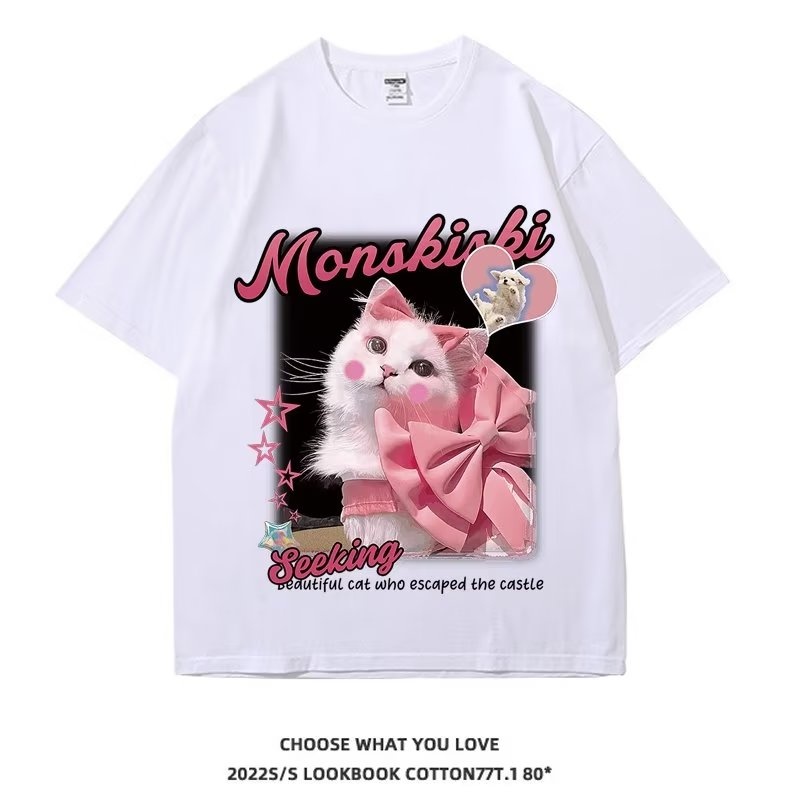 Áo Thun Ngắn Tay Dáng Rộng In Hình Mèo Thời Trang Mùa Hè Cá Tính