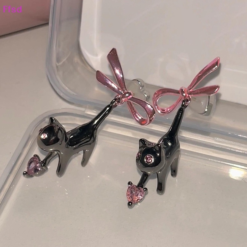 {Ffsd} Khuyên Tai Thả Hình Nơ / Trái Tim / Mèo Đen Đính Đá Ngọt Ngào Cho Nữ