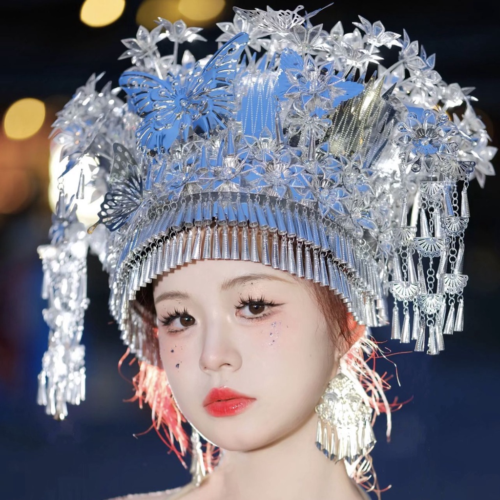 Mũ Đội Đầu Dân Tộc Miao Màu Bạc Phong Cách Dân Tộc Guangxi Yunnan Miao Hàng Mới