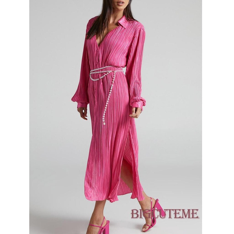 Đầm Midi Tay Dài Cổ Chữ V Xếp Ly Màu Sắc Đơn Giản Cho Nữ