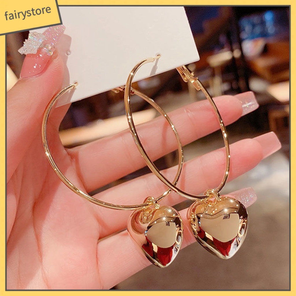 1 Đôi Bông Tai Hình Tròn / Trái Tim Cỡ Lớn Thời Trang Sang Trọng Cho Nữ