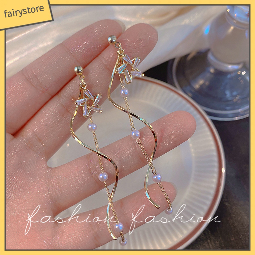 1 Đôi Bông Tai Dáng Dài Hình Ngôi Sao Đính Ngọc Trai Nhân Tạo Thời Trang