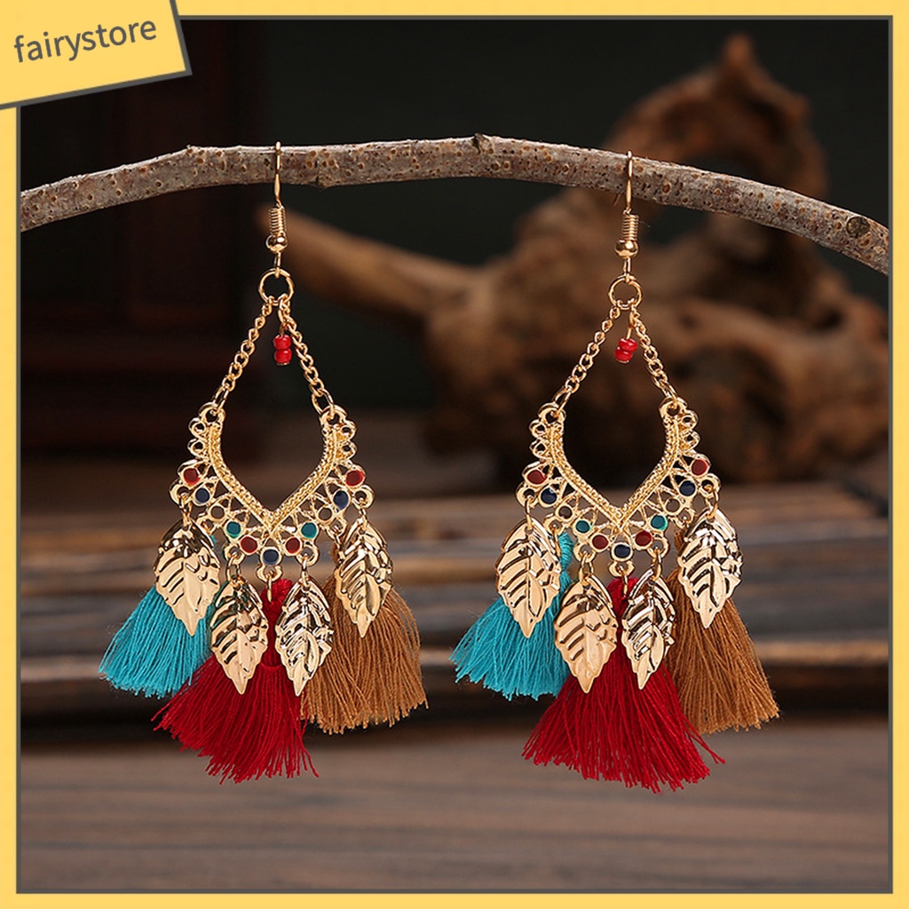 1 Đôi Bông Tai Móc Hình Chiếc Lá Tua Rua Dáng Dài Phong Cách Vintage