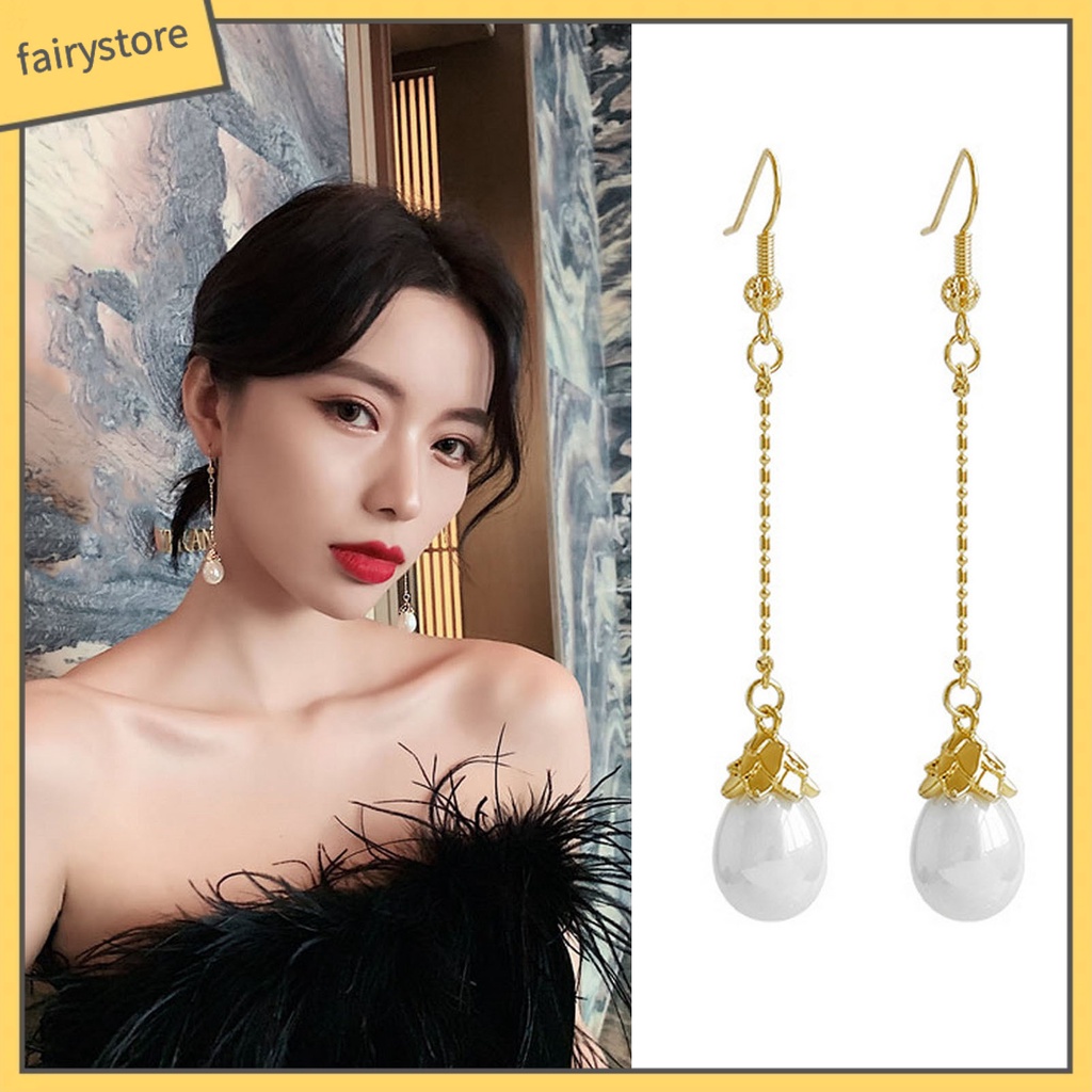 1 Đôi Bông Tai Dáng Dài Đính Ngọc Trai Giả Sang Trọng Cho Nữ