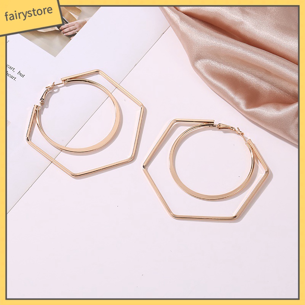 1 Đôi Bông Tai Hình Lục Giác / Tròn Lớn Độc Đáo Thời Trang Cho Nữ
