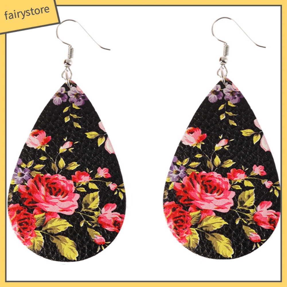 Bông Tai Giả Da Hình Giọt Nước Họa Tiết Hoa Phong Cách Boho Dành Cho Nữ