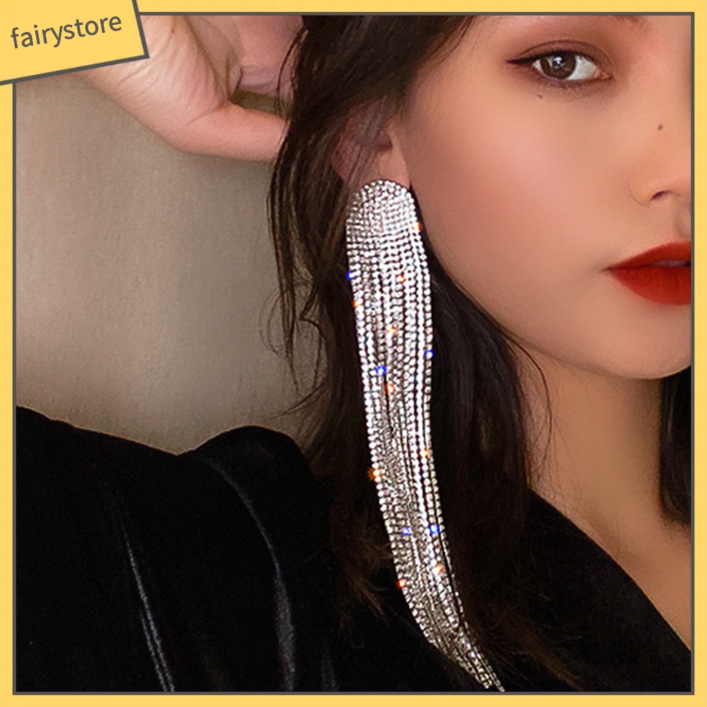 Bông Tai Dáng Dài Bằng Hợp Kim Đính Đá Lấp Lánh Thời Trang Cho Nữ