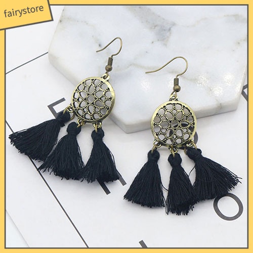 Bông Tai Dáng Dài Phối Tua Rua Phong Cách Vintage Cho Nữ