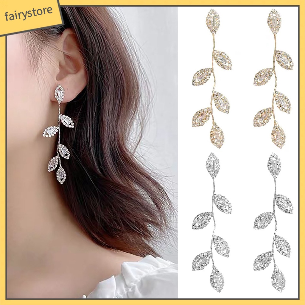 1 Đôi Bông Tai Hình Chiếc Lá Bằng Hợp Kim Đính Đá Zircon Dành Cho Nữ