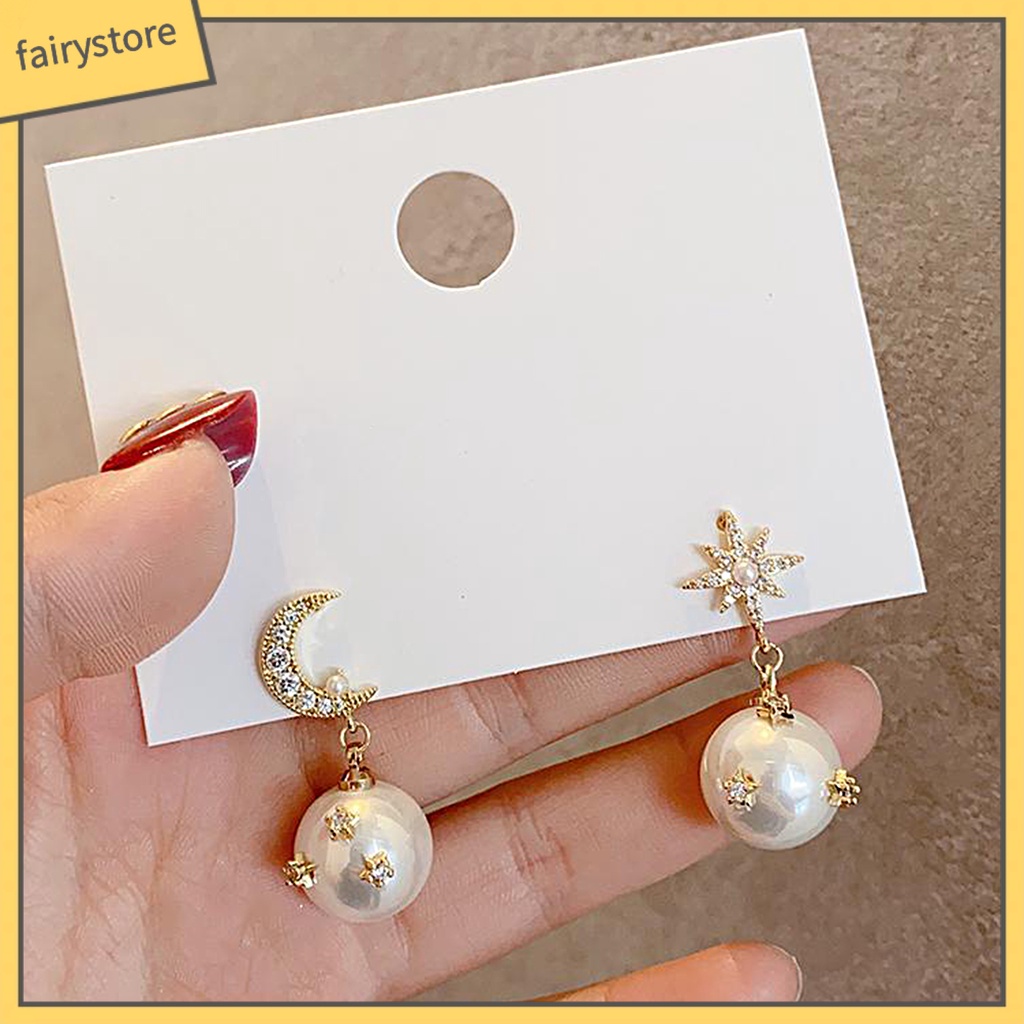 [FRO] 1 Đôi Bông Tai Bất Đối Xứng Hình Ngôi Sao Và Mặt Trăng Đính Ngọc Trai Nhân Tạo Phong Cách