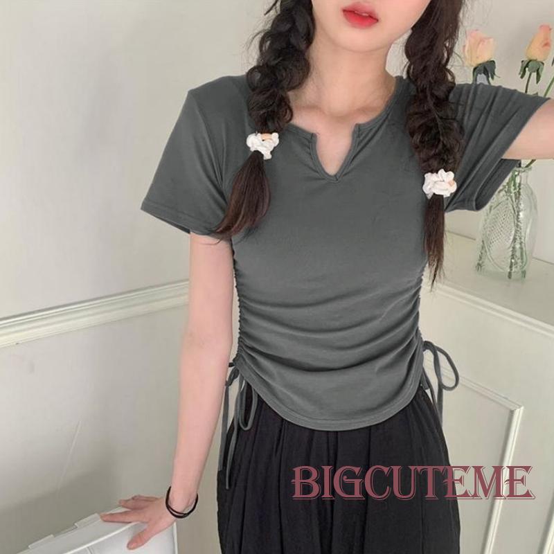 Áo Thun Tay Ngắn Cổ Chữ V Màu Sắc Đơn Giản Dành Cho Nữ