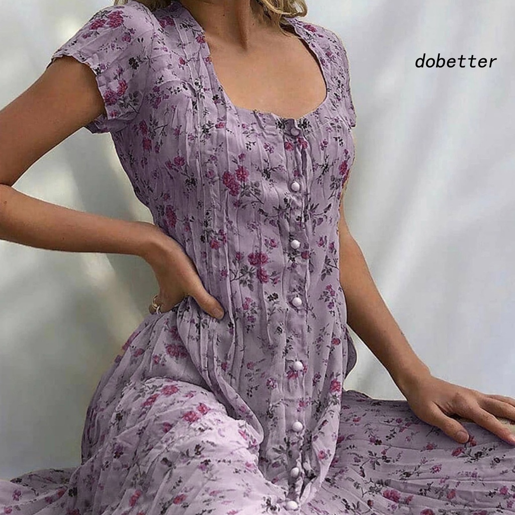 [DO] Đầm Maxi Tay Ngắn In Hoa Viền Lớn Cài Một Hàng Nút Thanh Lịch Mùa Hè Cho Nữ
