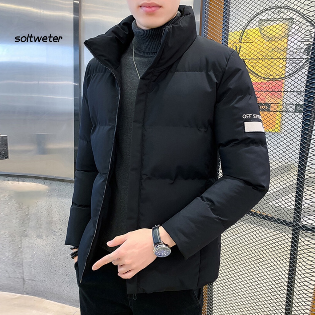 Áo Khoác Phao Cotton Màu Trơn Cổ Đứng Chống Lạnh Thêu Chữ Phong Cách Hàn Quốc Cho Nam